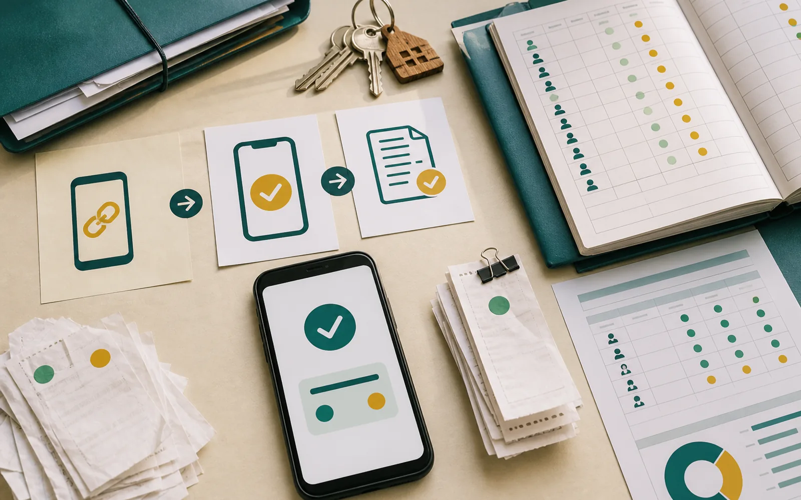 Paiement Mobile Money, quittance et registre de loyers organisés sur un bureau